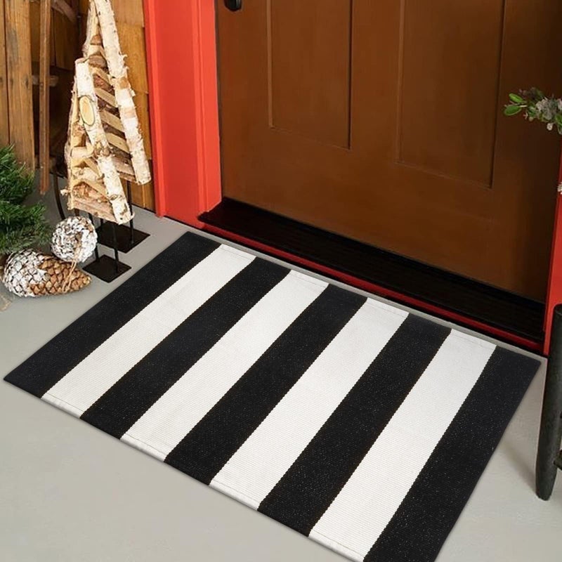 LEEVAN Black and White Rug 2X3, Washable Black Door Mat Cotton Woven Front Porch Rugs, Layered Door Mats Outdoor Welcome Indoor Door Mats, Farmhouse Go Away Doormat Door Mat Indoor Entrance Rug - Image 2